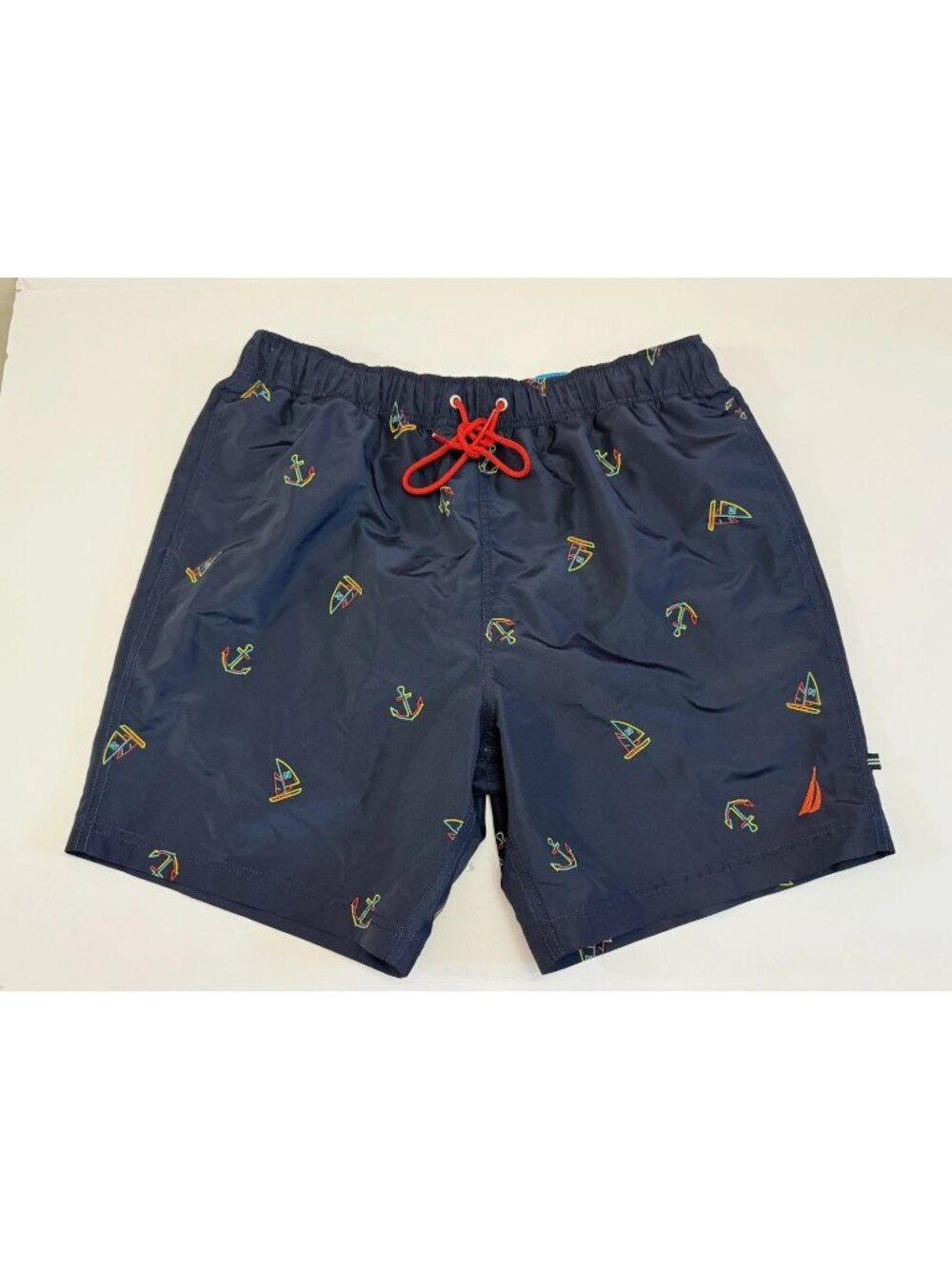 Nautica Men’s Swim Trunks Navy Anchor Sailboat Print Mesh Lined Size Large
